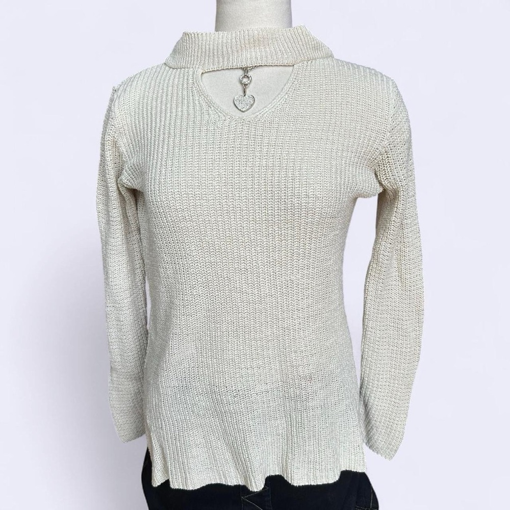 New Directions Cream Knitted Sweater with V neck cutout